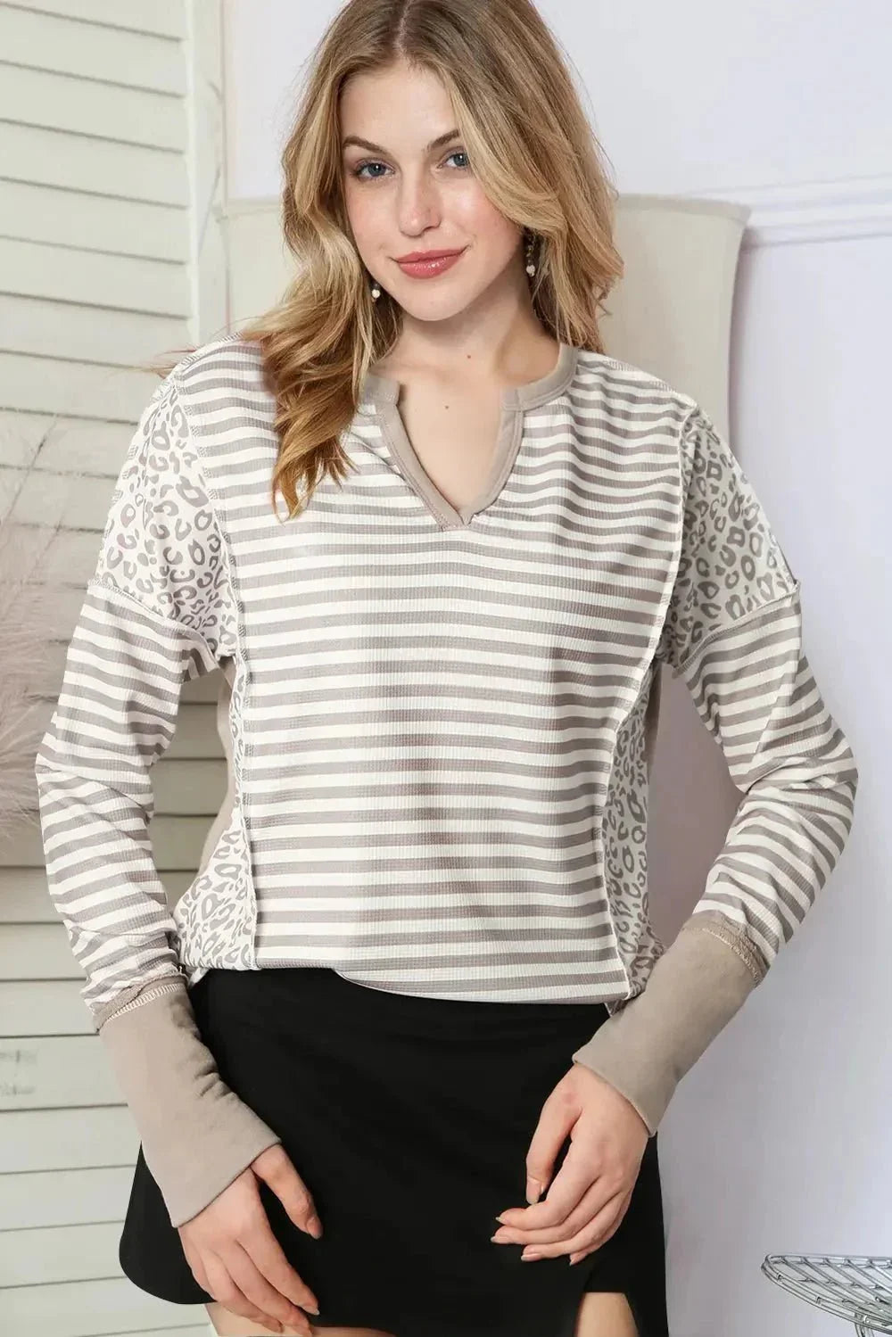 Exposed Seam Striped Notched Blouse - VILLA FASHION